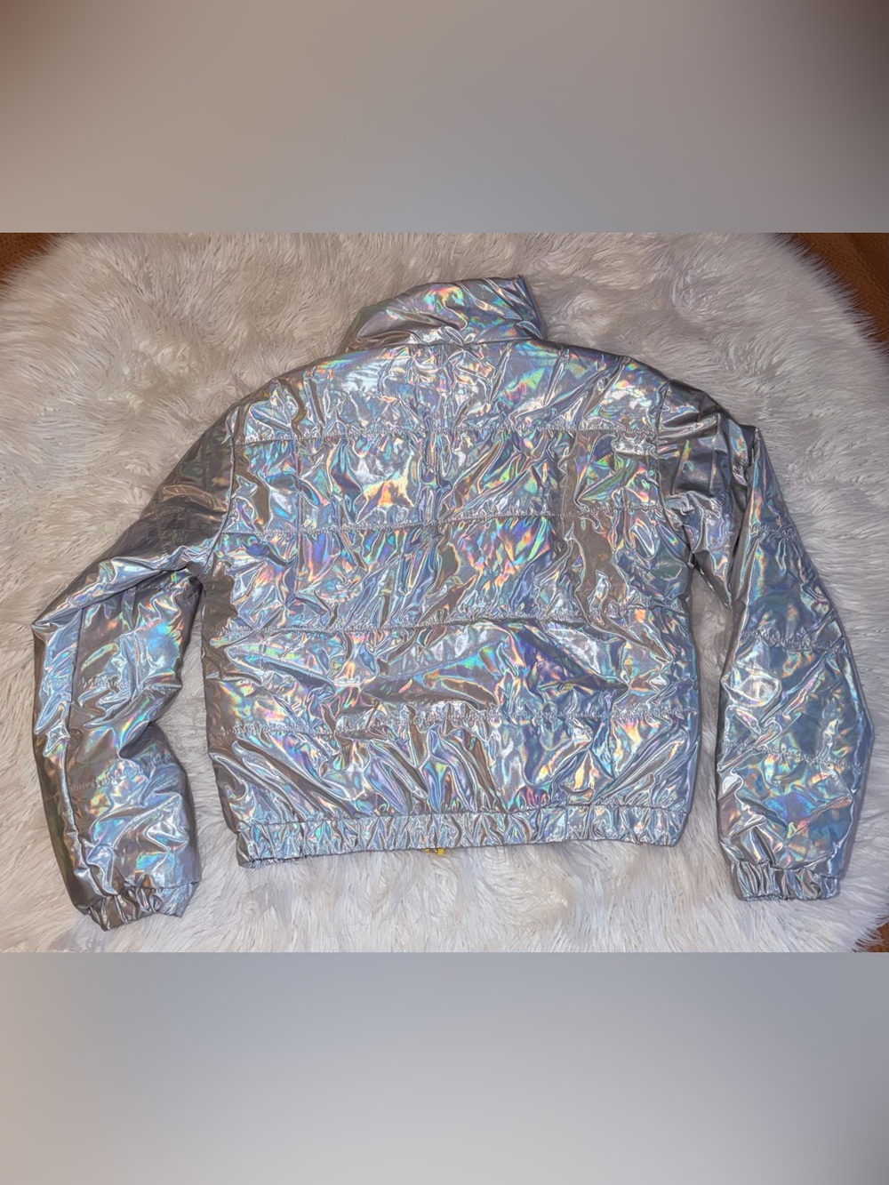 Ashley By 26 International Silver Holographic Puffer Jacket with Yellow Lining - Picture 3 of 4